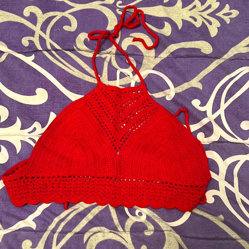 A red halter back crochet women’s cropped top from Forever 21